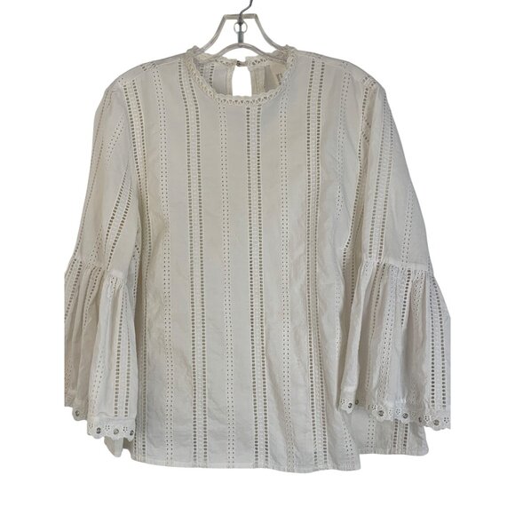 H & M White Eyelet Blouse Bell Sleeves Size 14 XL Keyhole RDD10675 - Picture 1 of 6